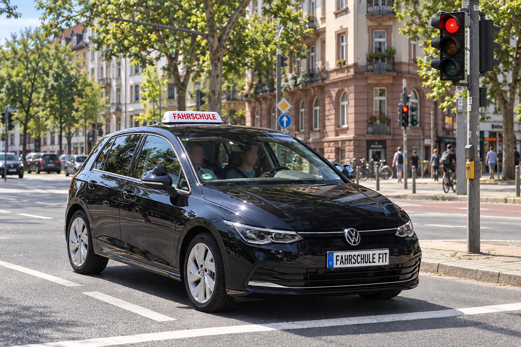 Fahrschul-Golf an einer Ampel während einer dargestellten Fahrstunde